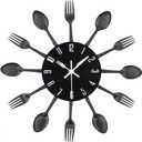 Timelike Kitchen Wall Clock, 3D Removable Modern Creative Cutlery Kitchen Spoon Fork Wall Clock Mirror Wall Decal Wall Sticker Room Home Decoration (Black)