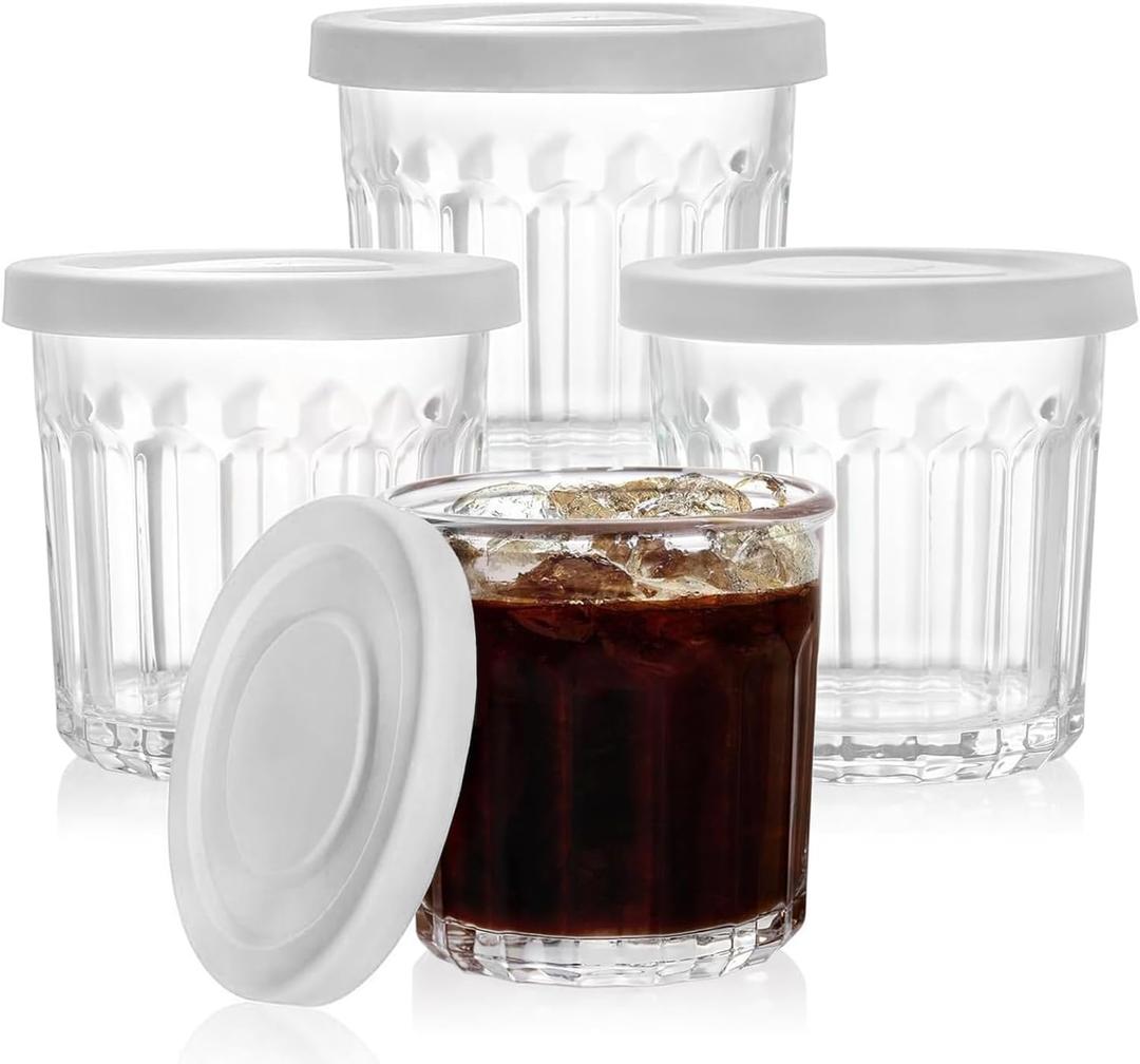 Glass Cups with Lids Set of 4,13.5oz Thick Drinking Glasses, Heavy Duty Glass Tumblers, Stackable Food Storage Jars, Clear Picardie Style Glassware