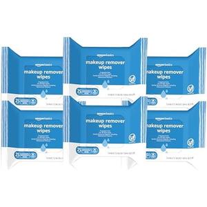 Amazon Basics Makeup Remover Wipes, Fragrance and Alcohol-Free, Gentle Cleansing, Removes Waterproof Mascara, Dermatologist Tested, 25 Count, Pack of 5
