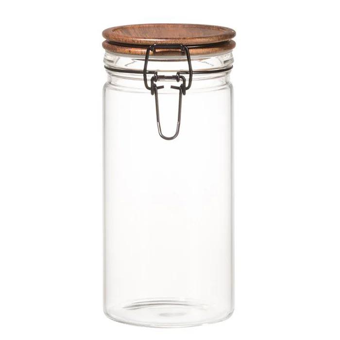 Clear Borosilicate Glass Storage Jar with Airtight Bamboo Lid & Locking Clamp, 40oz / 1200ml Kitchen Canister for Coffee Beans, Loose Tea, Sugar, Flour, Nuts, Thickened Sealed Container