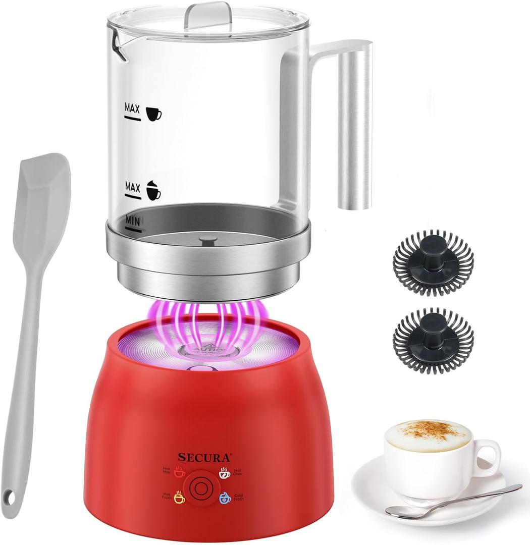 Secura Detachable Milk Frother and Steamer, 17oz Electric Milk Warmer 4-in-1 Hot/Cold Foam Maker, Teflon-Free and Non-Stick Coating-Free Glass Milk Jug, Dishwasher Safe for Latte, Hot Chocolate (Red)