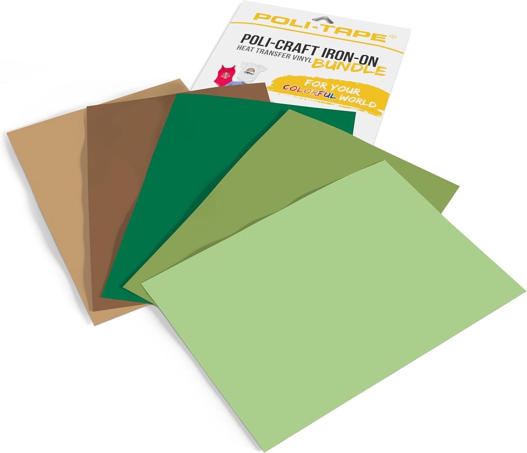 Poli-Craft Iron-ON Bundle Nature  5 x Poli-Flex Turbo A4 Heat Transfer Vinyl (HTV) Sheets  Fast Iron-On Vinyl in Sand Beige, Coffee, Green, Olive, Sage Green