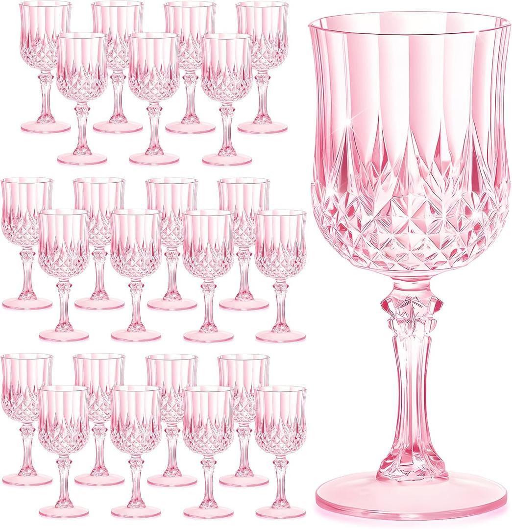 7OZ Plastic Wine Glasses, Reusable Vintage Goblets Unbreakable Drinking Glasses Crystal Water Cups Champagne for Wedding, Parties Mother's Day (24, Pink)