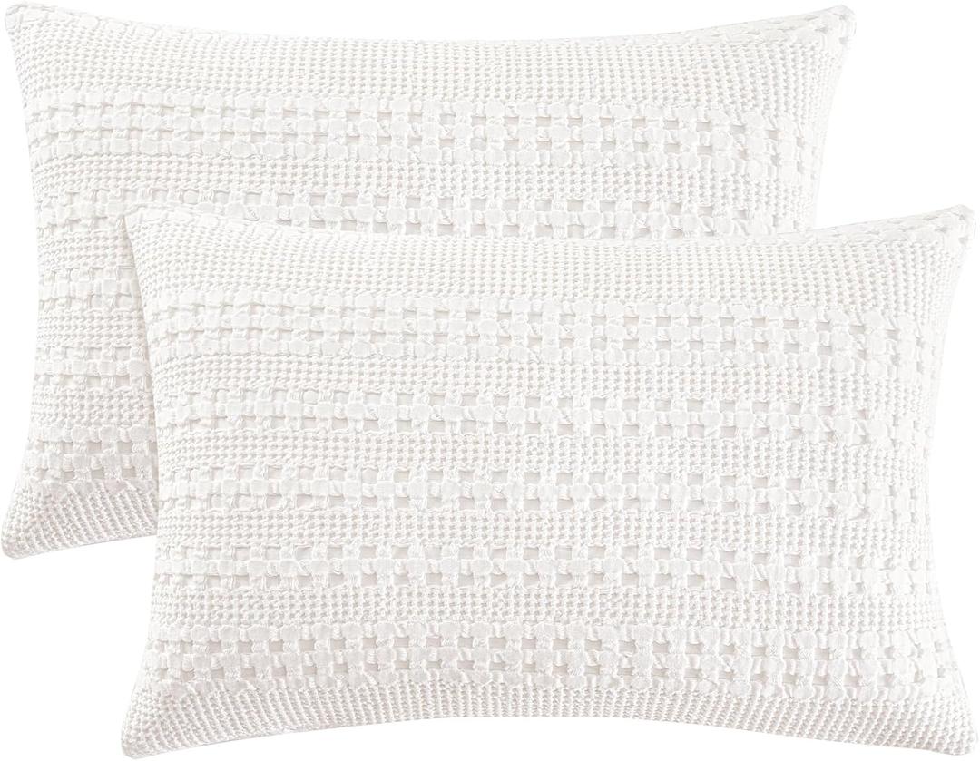 PHF 100% Cotton Waffle Pillow Shams Standard Size, 2 Pack 20" x 26" Soft Skin-Friendly Pillowcases, No Filling, Aesthetic Woven and Breathable Waffle Weave Pillow Case Covers for Bed, White