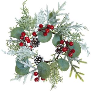 Winlyn 4 Pcs Artificial Eucalyptus and Snowy Cedar Candle Rings Christmas Candle Holder Rings Mini Window Wreaths 12.2" Wide with Red Berries Pine Cones for Holiday Winter Wedding Seasonal Decoration