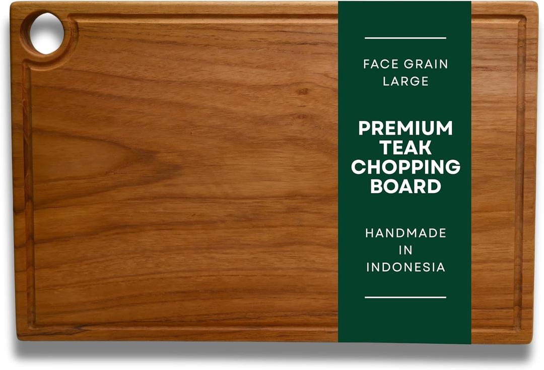 Teak Edge Grain Cutting Board Premium Handmade Wood Chopping Board with Juice Groove & Handles, Knife-Friendly, Extra Thick Charcuterie Made in Indonesia - L - 17.7 x 11.8 x 1.2 in