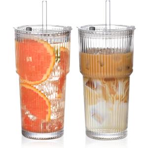 20oz Ribbed Glass Cups with Lids and Straws,2PCS Glass Tumbler with Straw and Lid,Iced Coffee Cups Drinking Glasses for Juice Whiskey Cocktail Beer