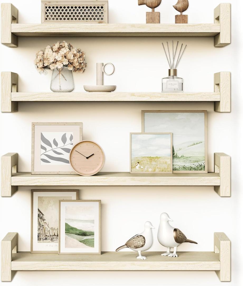 Vailando Set of 4 Natural Poplar Floating Shelves with Natural Grain - Wall Shelves for Living Room, Bedroom, Kitchen - Strong Load Capacity Holds 50lbs/Shelf - 16 Inch