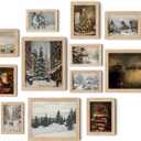 TwoDays Vintage Christmas Wall Art, Moody Winter Xmas Aesthetic Poster for Room Decor, Santa Reindeer Pine Tree Gallery Painting Artwork Prints (8" X 10" Largest, Set of 12, Wooden Framed)