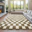 8x10 Fluffy Living Room Rug: Beige and White Checkered Rugs for Living Room- 8x10 Large Fluffy Rug for Bedroom- Soft Plush Shag Carpets for Boys Girls Teen Room, Home Decor (Beige/White)
