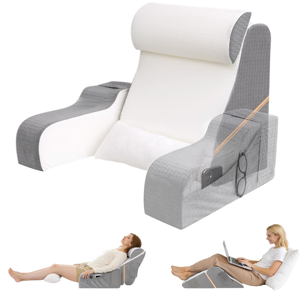 ESUERDO 5PCS Reading Pillow for Sitting in Bed Adult, 2 in 1 Foldable Back Wedge Pillow for Sleep, Ergonomic Back Support Pillow with Arms for Watching TV, Gaming, Working, Recovery, 19” White/Grey