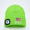 LED Beanie Hat with Rechargeable Headlight & Rear Red Light, 3 Modes, USB Charging, Warm Winter Cap with USA Logo