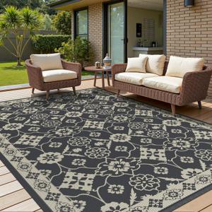 COCOER Floral Outdoor Rug 9x12 Reversible-Waterproof Patio Rug-Quick Dry Outdoor Carpet-Outdoor Area Rugs Indoor Outdoor Rugs-Outside Rug Patio Decor for Porch Deck Balcony Backyard (9x12ft, Floral-darkgrey)