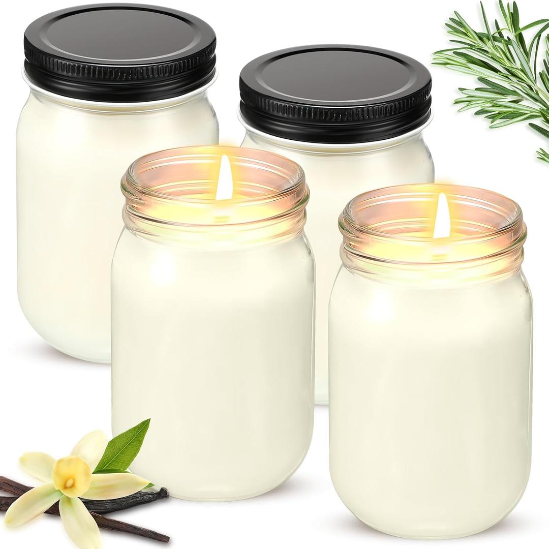 MTLEE 4 Pack 12 oz Mason Jar Soy Candle with Essential Oils Scented Soy Wax Candles for Home Valentine Christmas Wedding Birthday Gift Farmhouse Collection Baby Shower Party(Vanilla)