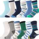 ANTSANG Baby Boys Grips Socks Kids Toddlers Infants Non Slip/Anti Skid Crew Cotton Socks (5-8 Years, Blue Striped(12 Pairs))
