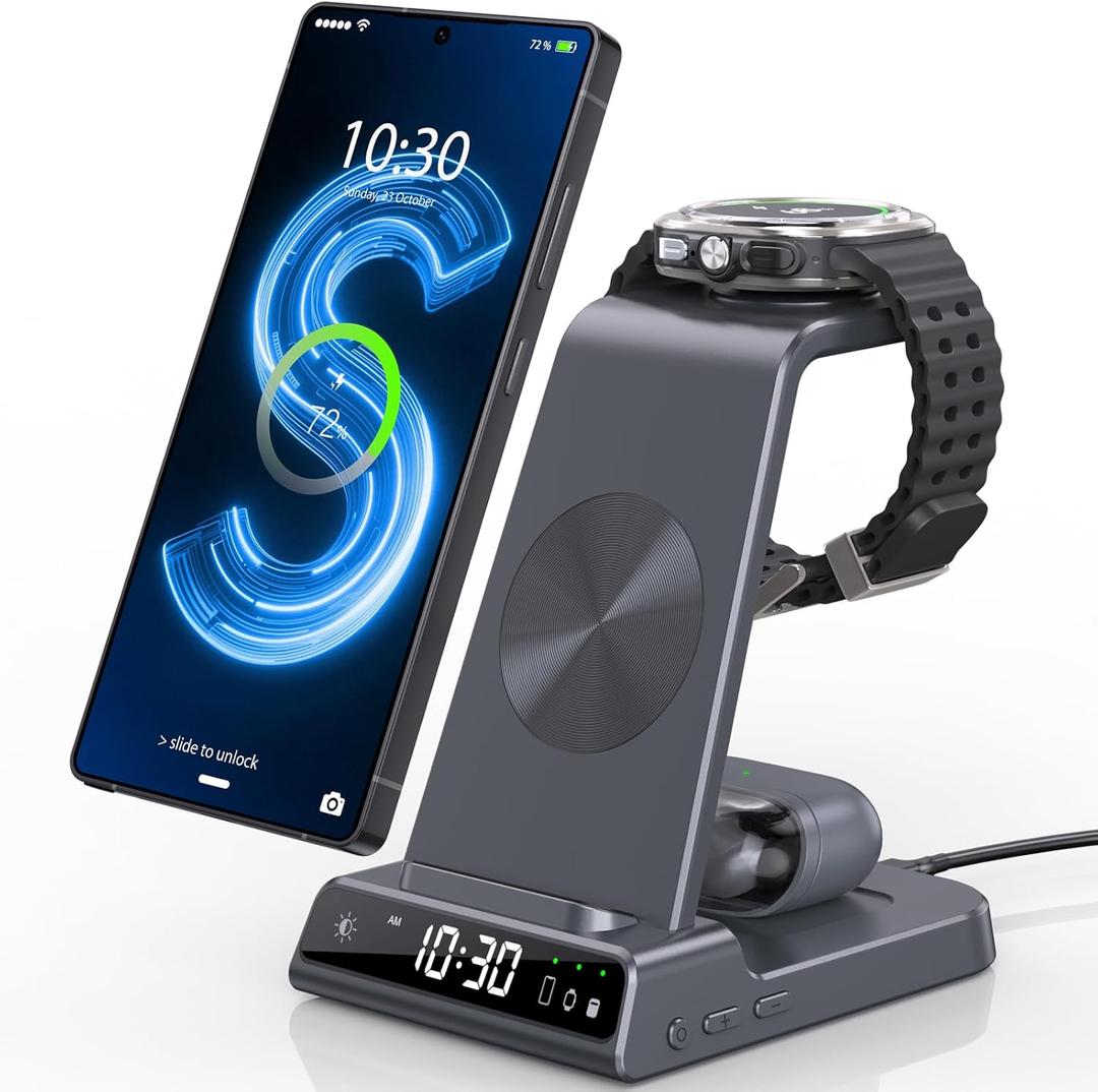 Wireless Charger for Samsung Charging Station with Clock for Samsung Galaxy S25 Ultra/S24/Z Fold 7/Flip 7/6/Bud, 3 in 1 Android Charging Station, Watch Charger for Samsung Galaxy Watch 8/7/6/5 (Grey)