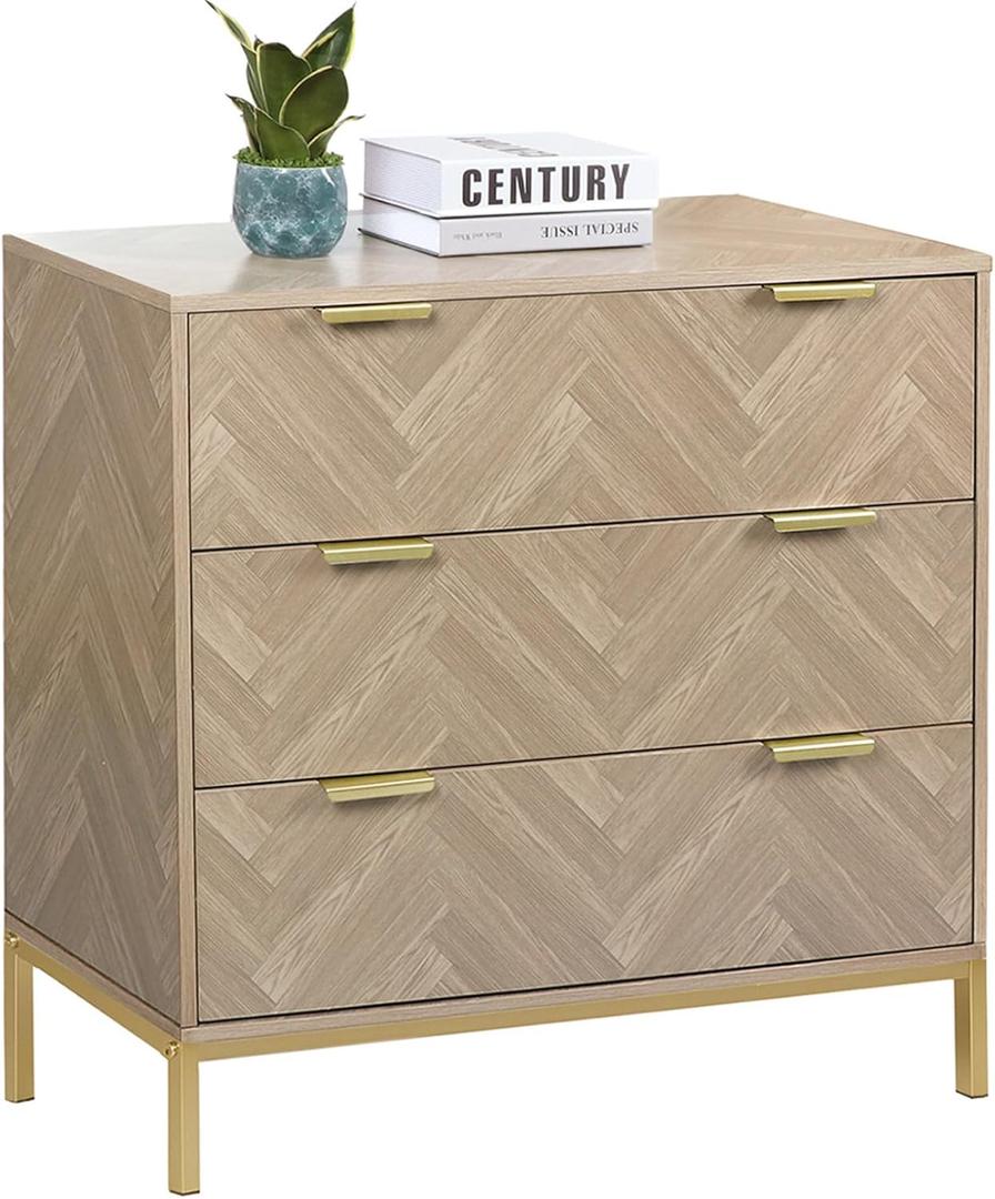 Modern 3-Drawer Storage Cabinet, Mid-Century Natural Oak 3-Drawer Table with Gold Metal Legs, Space-Saving Home Organizer Furniture Large Nightstand for Living Room, Entryway