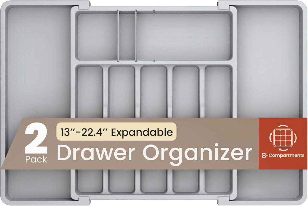 Gray Expandable Utensil Drawer Organizer 2 Pack, Adjustable 13”  Compartment Silverware Organizer for Kitchen Utensils, Spatulas, Cutlery, and Tools, Easy to Clean, Durable, and BPA-Free