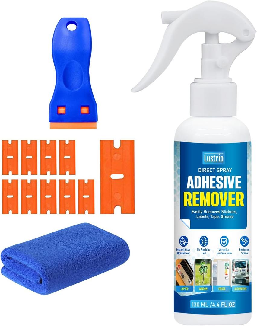 Adhesive Remover Spray with Scraper & Towel - Gentle Formula Dissolves Glue, Stickers, Tape, Gum & Grease on Painted, Metal, Plastic & Glass | Streak-Free (4.4oz/130ml)