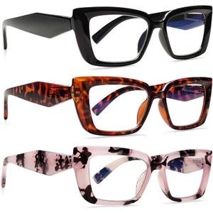 Stylish Blue Light Blocking Reading Glasses for Women 3 Pack with Spring Hinge, Multiple Strengths (3 Mix Color-2)
