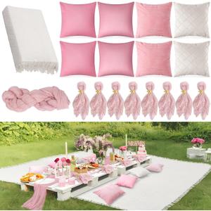 118 x 71" Extra Large Outdoor White Picnic Blankets with Pink Tulle Table Runner Cheesecloth Napkins Plush Throw Pillow Covers Oversize Beach Blanket Essentials for Wedding Picnic Camp(Classic,18)