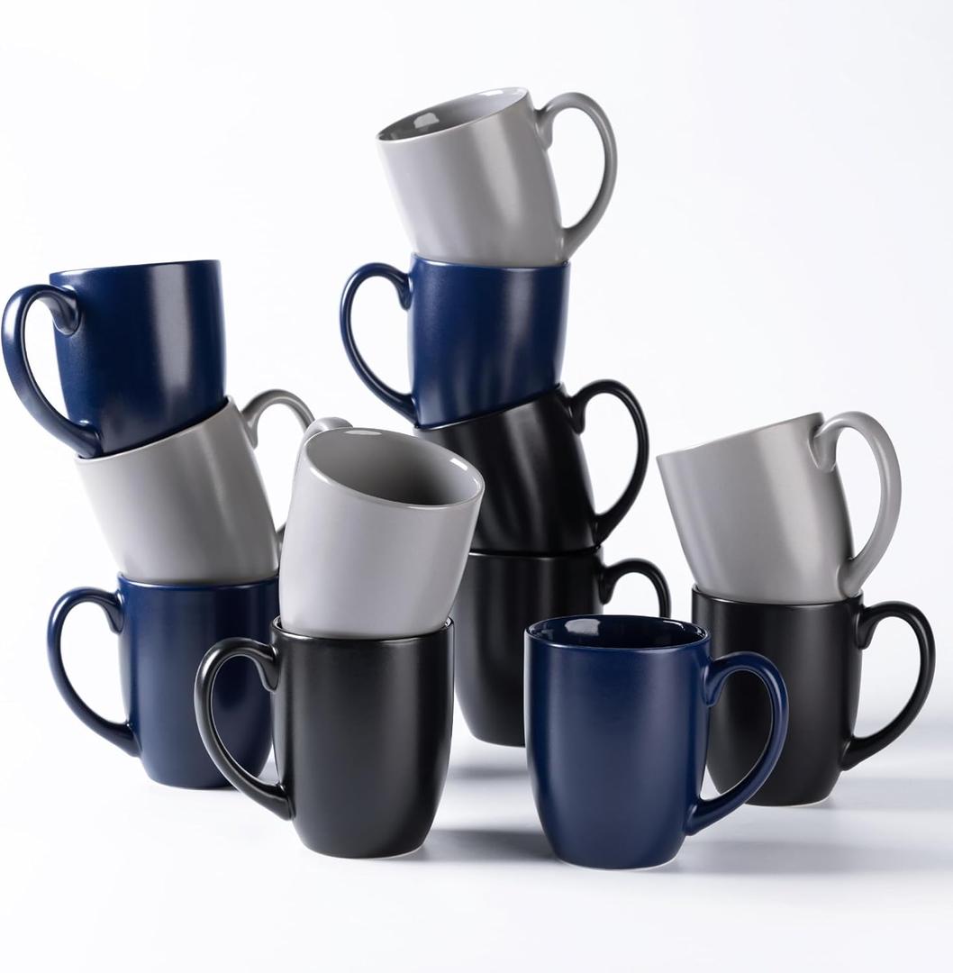 AmorArc 12 oz Coffee Mugs, Matte Coffee Cups with Large Handle for Man, Woman, Ceramic Coffee Mugs Set of 12 for Latte/Cappuccino/Cocoa/Milk, Dishwasher & Microwave Safe, MultiColor