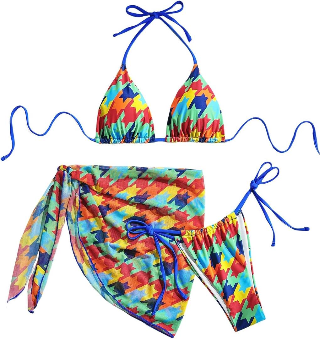 Women's 3 Piece Allover Print Swimsuit Halter String Bikini Sets with Mesh Cover Up Skirt (L)