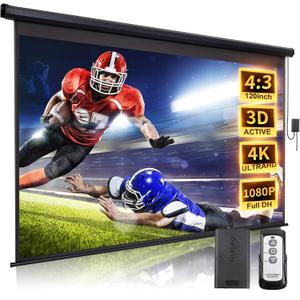 120 Inch Projector Screen Motorized 4:3 HD Electric Rising Projector Screen Pull Down with Remote, Black Automatic Projection Screens Retractable Wall Mount Ceiling Movie Screens Outdoor Indoor