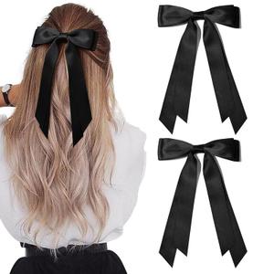 2PCS Silky Satin Hair Bows Hair Clip Black Hair Ribbon Ponytail Holder Accessories Slides Metal Clips Hair Bow for Women Girls Toddlers Teens Kids
