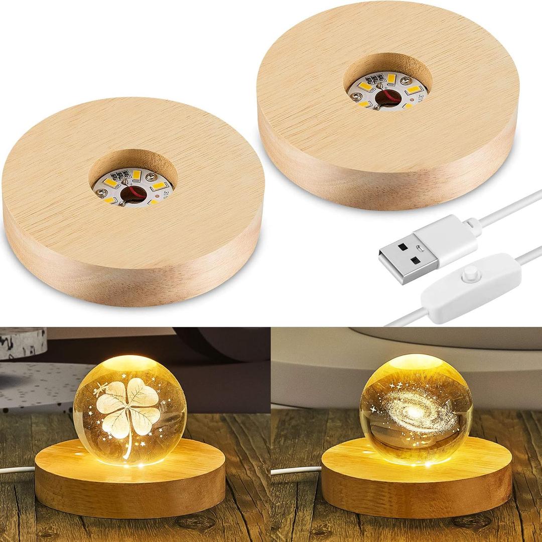 Honoson 2 Pcs LED Base Wood Light Display Base for Crystal Glass Art Resin Light Display Stand with 6 LED Wooden Crystal Resin Lamp for 3D Laser USB Only (Round)
