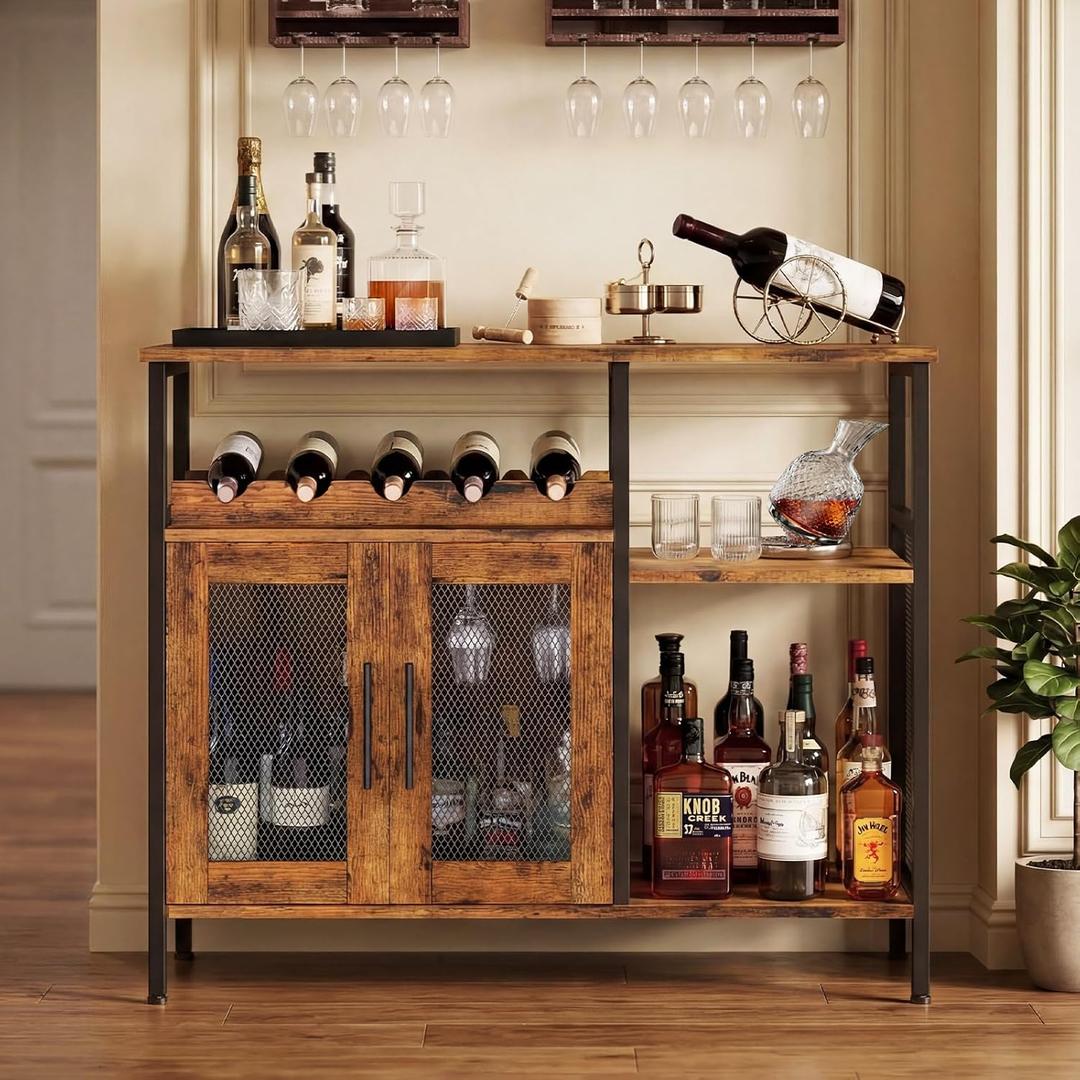 X-cosrack Wine Bar Rack Cabinet with Detachable Wine Rack, Coffee Bar Cabinet with Glass Holder, Small Sideboard and Buffet Cabinet with Mesh Door, Rustic Brown, Large, 37.8"*13.4"*31.1"