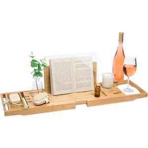 Waterproof Shield Keeps Your Book Open  Extendable Bamboo Bathtub Tray with Wine Glass Holder Protects from Drips and Splashes - Luxury Bath Tub Caddy Tray for Relaxing in The Bathtub