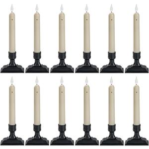 Homemory 12 Pcs Window Candles with Sensor Dusk to Dawn, White Light Electric Window Candle, Christmas Fake Candles Battery Operated, Led Candlesticks with Black Holders for Xmas Holiday Decor