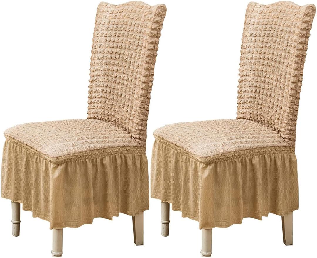 Qubjus Chair Covers for Dining Room Set of 2 Stretch Chair Slipcovers with Skirt Removable Washable Kitchen Chair Protector Cover Set for Home, Party, Wedding(Beige, 2Pcs)