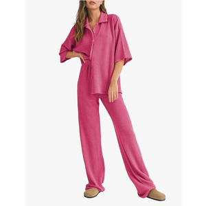 SHEWIN Women's 2 Piece Outfits Waffle Knit Lounge Sets Casual Short Sleeve Button Down Sleepwear Pajamas Set, S