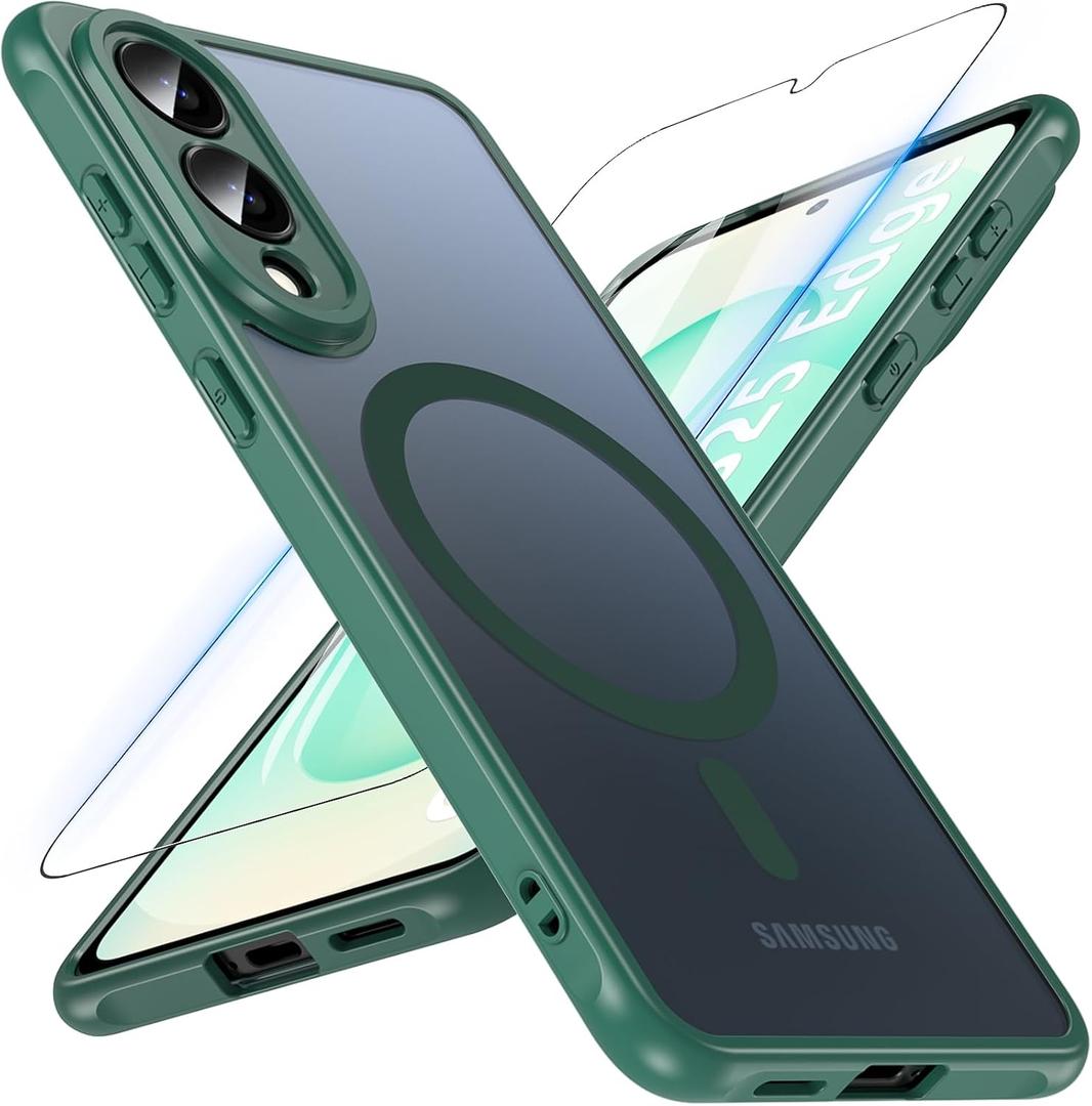 OWKEY for Samsung Galaxy S25 Edge Case 6.7'', Magnetic S25 Edge Case for Magsafe with Tempered Glass Screen, [Shockproof Military] Translucent Back Slim Bumper Cover Phone Case Galaxy s25 Edge, Green