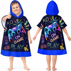 Kids Hooded Beach Towels Wrap for 4-12 Years,Cute Gamepad Theme Boys Swim Cover Up for Bathroom27"x33" Quick Dry Dark Blue Bath Towel Poncho,Perfect for Travel Vacation,Pool Party,Swimming (M-W27"xH33")