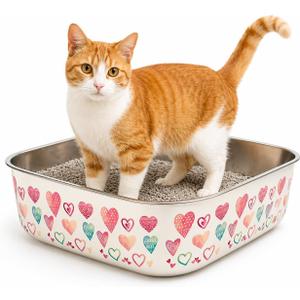 Extra Large Stainless Steel Cat Litter Box (23") – Hand-Painted Metal Litter Pan with Scoop, Odor Resistant, Non-Stick, Easy Clean (Happy Hearts)