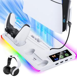 BRHE PS5/Slim Cooling & Charging Station,PS5/Slim Stand for Disc & Digital Console,PS5 Controller Charger,PS5 Slim Accessories with 3 Charging Ports,Cooling Fan,Headset Holder (White)
