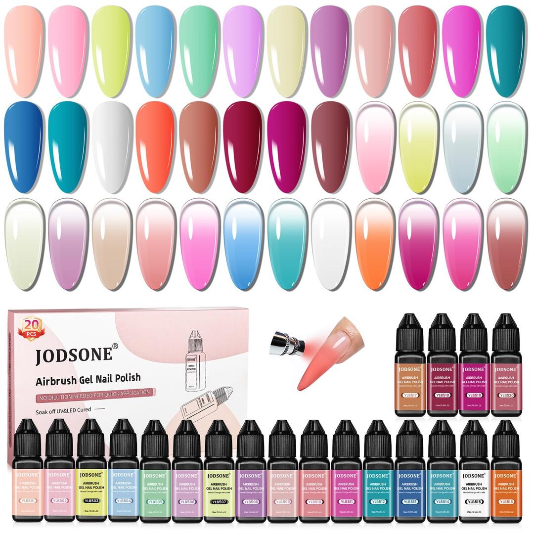 JODSONE Airbrush Gel Nail Polish Set 20 Colors No Dilution Strong Coverage for Ombre French Nail Art Design Nail Airbrush Paint Gel Nail Polish Ideal for Home Salon Use