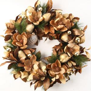 BINFEN 24" Winter Wreaths for Front Door, Gold-Brown Leaves Balls Pears Magnolia Flowers Christmas Wreath, Door Reef for Windows Fireplaces Walls, Front Porch Indoor and Outdoor Decor