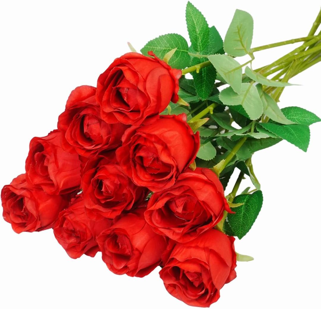 10pcs Red Roses Artificial Flowers with Long Stem Real Looking Red Fake Roses for DIY Wedding Bouquet Table Centerpiece Faux Red Roses for Bridal Shower Floral Arrangements Home Party Decor (Silky Ruby)