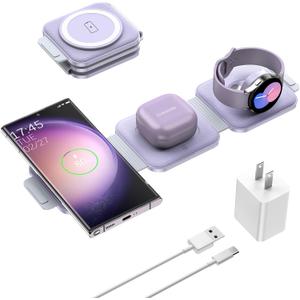 Travel Charger for Samsung Multi Devices, Foldable 3 in 1 Wireless Charging Station Fast Charging Stand/Pad Compatible for Samsung Galaxy S25/S24/S23/S22/S21/Note20 Galaxy Watch8/7/6/5/4/Galaxy Buds4 (Violet)