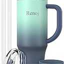 Renoj Tumbler with Handle 100% Leak Proof Insulated Water Bottle for Iced Coffee & Hot Drinks - Fits Car Cup Holder, Ideal Gift, 2 Straws & Silicone Boot BPA-Free - SnapShift Blue Gradient 32 oz