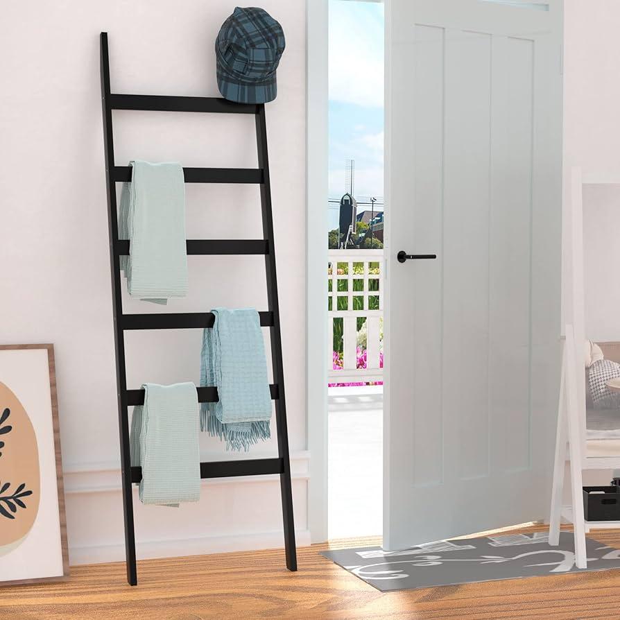 BZH Blanket Ladder, 6 Tier Blanket Holder, 68.9 Inch Tall Blanket Rack, Ladder Shelf Against The Wall, Rustic Bamboo Quilt Rack Stand in Bathroom, Living Room, Bedroom, Black