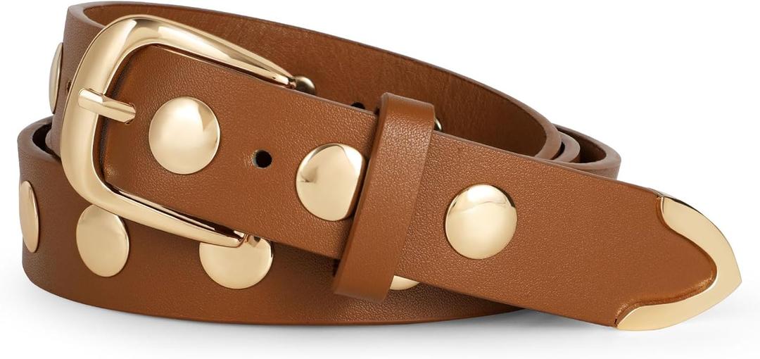 WERFORU Women Fashion Leather Belt Studded Leather Belt Ladies Belts for Jeans Dress Punk Belt, (Brown, 25"-30" Waist Adjustable)