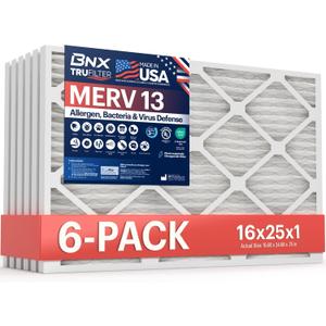 BNX TruFilter 16x25x1 Air Filter MERV 13 (6-Pack) - MADE IN USA - Electrostatic Pleated Air Conditioner HVAC AC Furnace Filters for Allergies, Pollen, Mold, Bacteria, Smoke, Allergen, MPR 1900 FPR 10