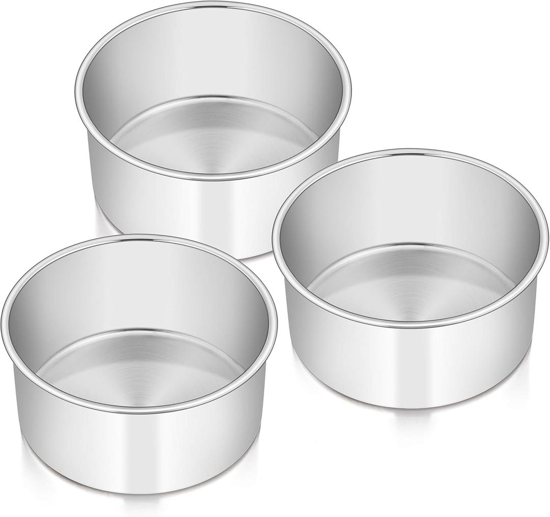 E-far Cake Pans Set of 3, 6 x 3 Inch Stainless Steel Round Cake Baking Pans Tins for Wedding Birthday, Deep Side & Non-toxic, Oven & Dishwasher Safe, Mirror Finish & Straight Side