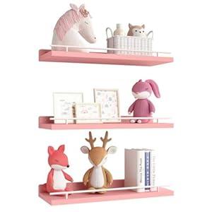 WOPITUES Floating Shelves with Metal Guardrail, Shelves for Wall Decor Set of 3, Wall Shelves for Bedroom, Bathroom, Kitchen, Living Room, Plants, Picture Frames, Art-Pink