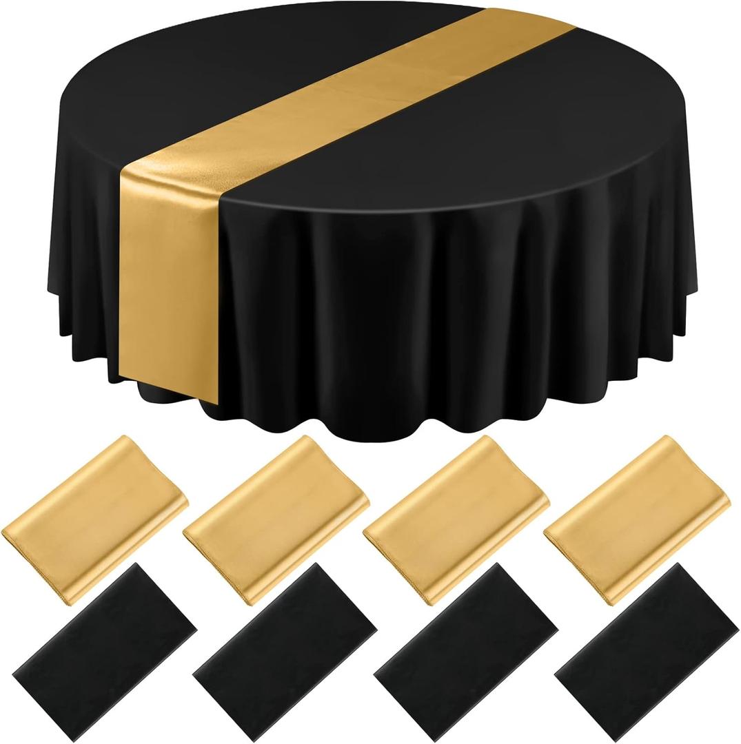Tudomro 8 Pcs Black and Gold Round Plastic Tablecloth and Satin Table Runner Set 84 Inch Round Covers 12 x 108 Inch Table Runners for Wedding Birthday Party Baby Shower Anniversary (Black, Gold)